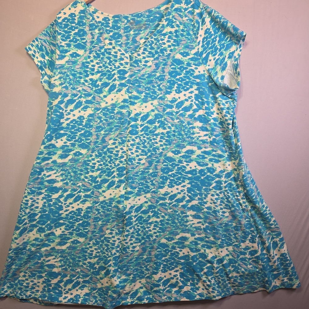 Patio Casuals Cabernet 2X Blue Aqua‎ Abstract Print Dress Silver Shimmer Stretch